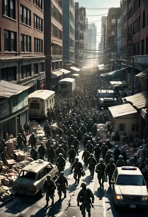 a chaotic urban scene, city streets in panic, people rushing, hospitals overflowing, military presence, survivors gathering supplies, fortifying homes, hyper realistic, cinematic lighting, muted color palette, dramatic composition, strong shadows, high con...