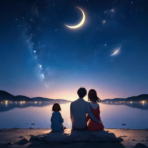 Sit on the moon、Sit shoulder to shoulder、next、Hold hands、Get along、Boys and Girls、8k、Night Sky、Luminous crescent moon、Get along手をつないで座っている、Night Skyの星、firefly、Couple、Back view