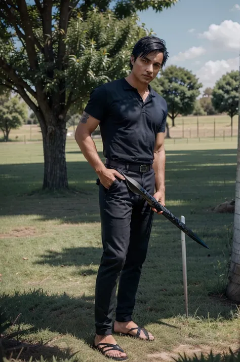 The man with short dark blue hair, holding a black sword, orange eyes, wearing a black and blue shirt, brown trousers, wearing sandals, is in the grass field, behind him there is a tree. 