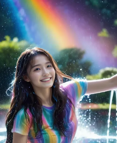 Dancing water columns of a fountain、A rainbow of sparkling light shines from the bottom of the water.,Beautiful rainbow-colored lights and various combinations of water columns,starry skies:1.5,Water droplets are rainbow,Colorful spotlight effects,Create u...