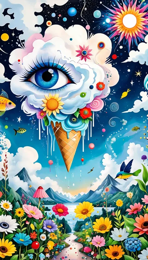 Childrens graffiti,Artists from the stars，Ice cream cones、Eruption Cloud、sky、flowesh、章fish触手瀑布。、bird、Eye、diatom，Abstract mosaic painting，Describing the inner world of autistic people，Large area of white，interesting，Innocence，Vision，Psychedelic Art，
