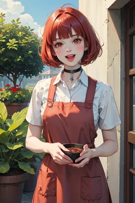 1girl, solo, looking at viewer, blush, smile, short hair, open mouth, bangs, shirt, red eyes, holding, white shirt, short sleeves, :d, red hair, outdoors, sky, choker, day, collared shirt, blunt bangs, apron, black choker, plant, potted plant1girl, solo, l...