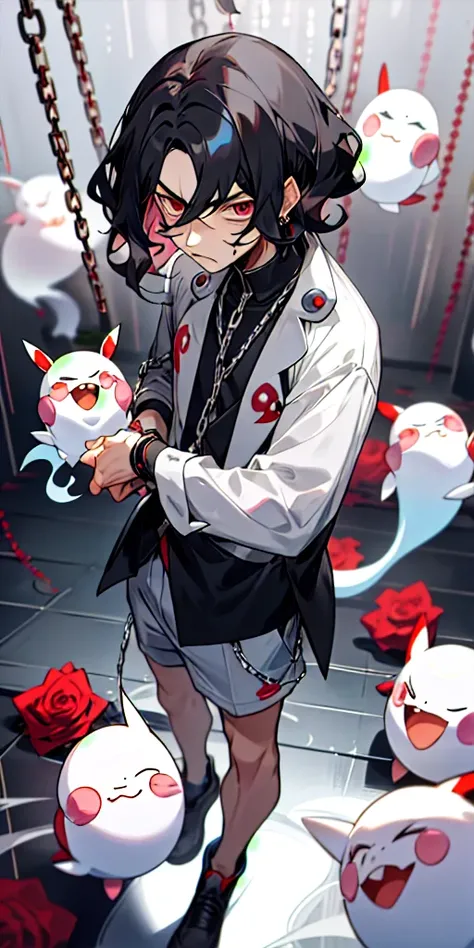 24 year old guy, short black wavy hair, Pokemon trainer, Dark/Ghost type pokemon trainer, annoyed expression, anime style, Rose Blige skin, silver chain, small earings