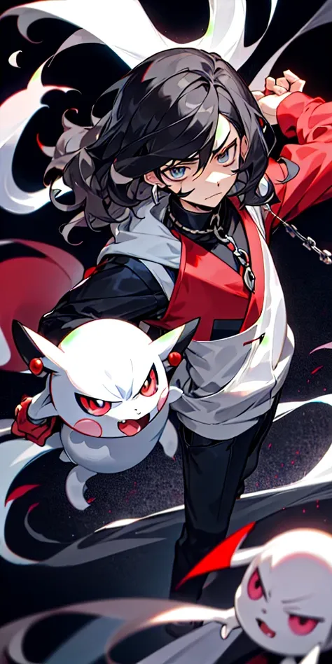 24 year old guy, short black wavy hair, Pokemon trainer, Dark/Ghost type pokemon trainer, annoyed expression, anime style, Rose Blige skin, silver chain, small earings