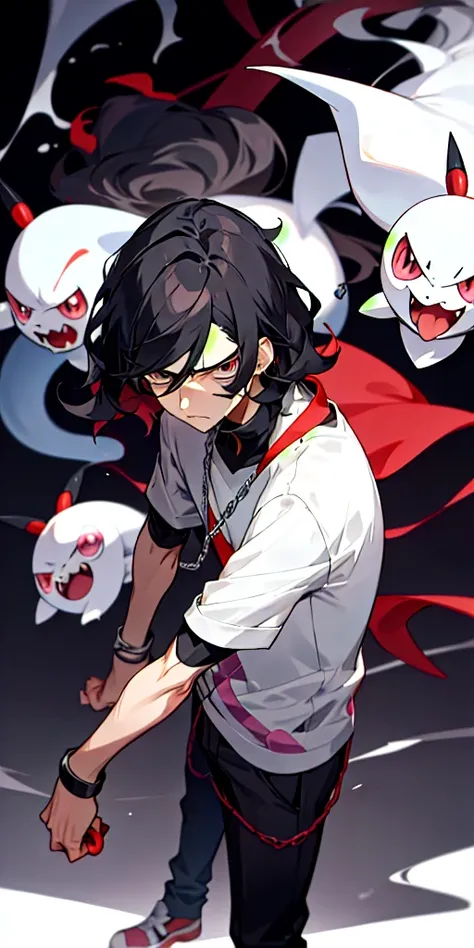 24 year old guy, short black wavy hair, Pokemon trainer, Dark/Ghost type pokemon trainer, annoyed expression, anime style, Rose Blige skin, silver chain, small earings