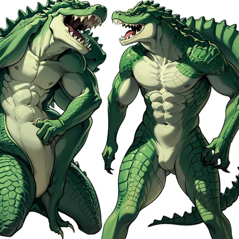 (Full body character concept、group)、Best illustrations、Best Quality、((((No humans)))), reptiles,, green body, Baby Crocodile Man,,、Combat Stance、(Crocodile scales)、front、(White background)