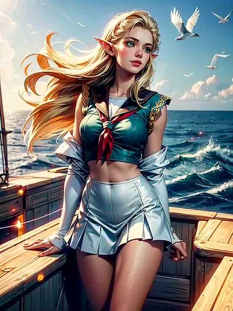 (((masterpiece, best quality, HD, high detail)))), ((((fantasy))), one, (Elf female)))), (White gold embroidered skirt), (blonde long straight hair), (glossy dark green eyes), (Gold embroidered white ruffled shirt), big deal, (((On the deck of a sailing sh...