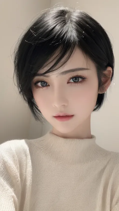 (masterpiece:1.3), (8k, photorealistic, RAW photo, best quality: 1.4), (1girl), beautiful face, (realistic face), (black hair, short hair:1.3), beautiful hairstyle, realistic eyes, beautiful detailed eyes, (realistic skin), beautiful skin, (sweater), absur...