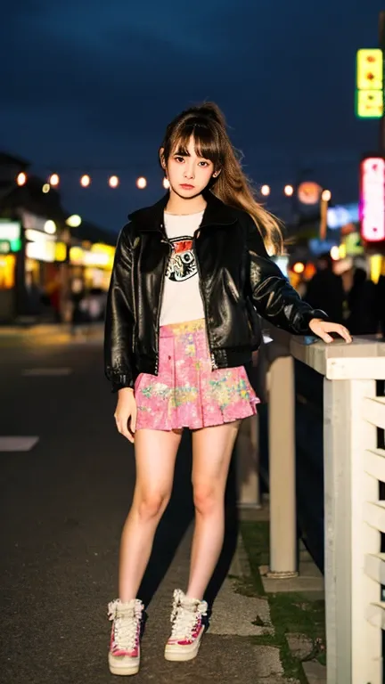 Girl with a flamboyant appearance and rebellious attitude, Japanese yankee, lone girl, bright and loud patterned clothes, extremely short skirt, gal style with emphasis on cuteness, light brown hair, thick eyeliner and flashy colored eye shadow, false eyel...