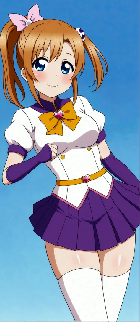 (Masterpiece, Best Quality, High Quality), Kousaka honoka, purple elbow gloves, white top,short sleeves, micro pleated skirt, purple skirt, white thighhighs, magical girl 