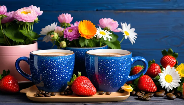 create a picture featuring two blue ceramic mugs with an speckled design, one placed on a saucer. The mugs are placed on a dark blue wooden surface surrounded by lots of flowers in flower pots, the flowers are orange and pink, some in bloom and some still ...