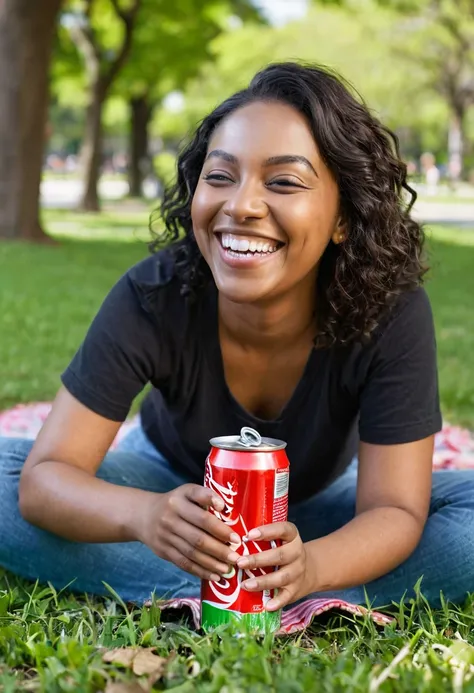 A person sitting in a park opens a can of soda and smiles as they take their first sip.