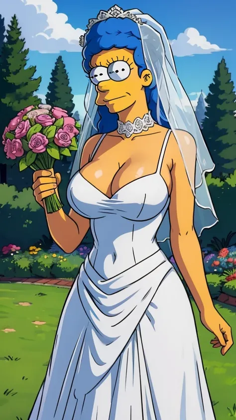 Marge Simpson with huge breasts in a lace micro bra and wedding dress with veil and bouquet in a park in Springfield