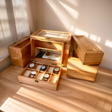 in this cozy room，a ray of sunlight shone through the half-drawn curtains on the table，let the wood grain on the watch storage b...