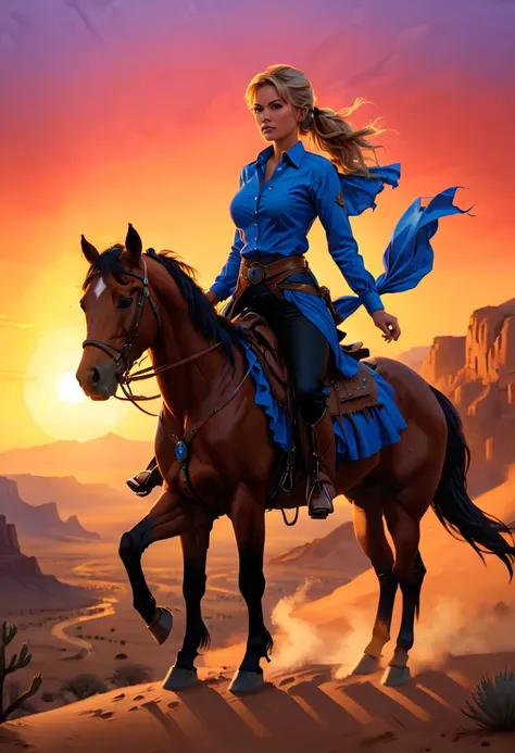 an oil painting of woman cowboy riding a horse on the desert mountain at sunset, watching the desert canyon, an exquisite beauti...