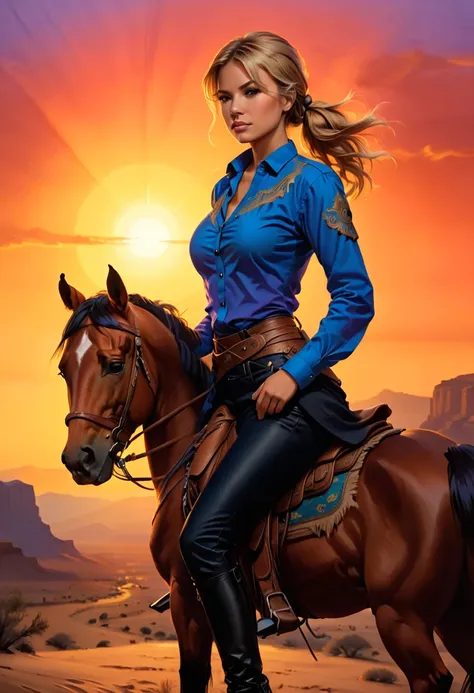 an oil painting of woman cowboy riding a horse on the desert mountain at sunset, watching the desert canyon, an exquisite beauti...