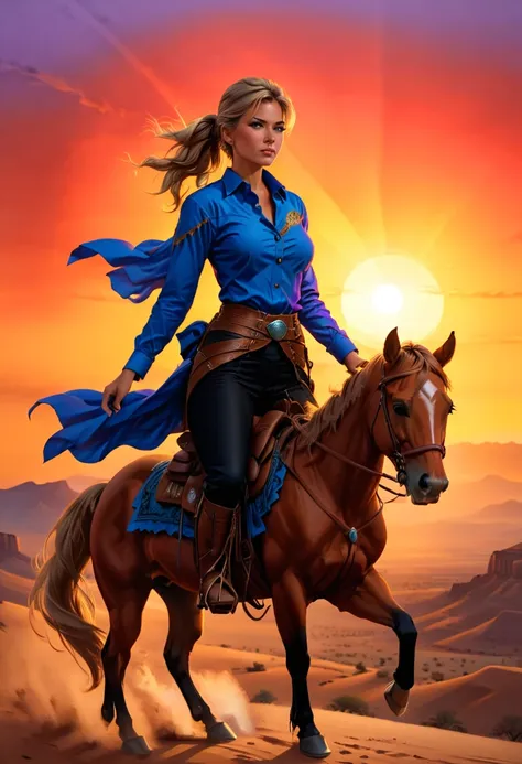 aan oil painting of woman cowboy riding a horse on the desert mountain at sunset, watching the desert canyon, an exquisite beautiful woman, most beautiful woman, blond hair, long hair, in a pony tail, ultra detailed face, best detailed face, wearing blue b...