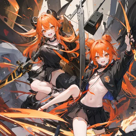 Long Hair、Orange Eyes、Orange Hair、Small breasts、Hair in a bun and down、Black hoodie、JK、School、Inside the dungeon、machine、laughing、One-handed sword、One person