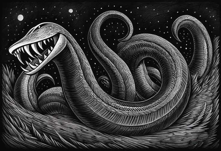 brown worm train with fangs in scratchboard art style
