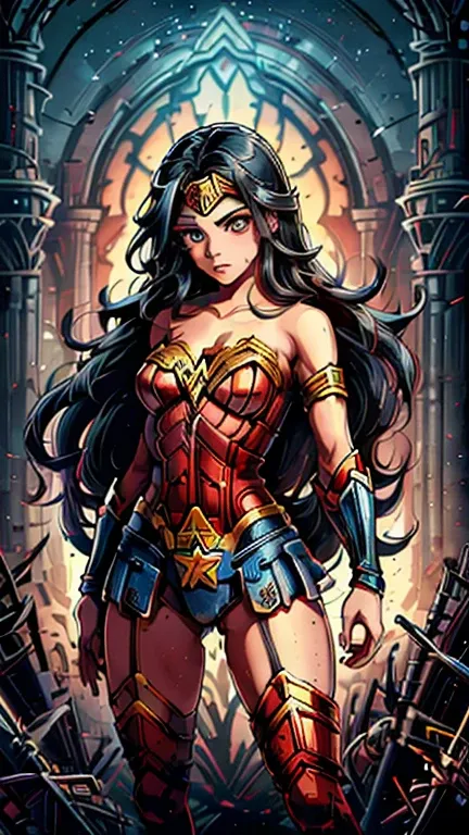 (Teens:1girl: wonder woman,gothichorrorai), (extremely detailed CG unit 8k wallpaper),(master part), (best quality), (ultra detali), (best illustration),(melhor ombre), cowboy shot, (Sharp eyeliner, ombre, detailedeyes:1), Themyscara background, ,break , (...