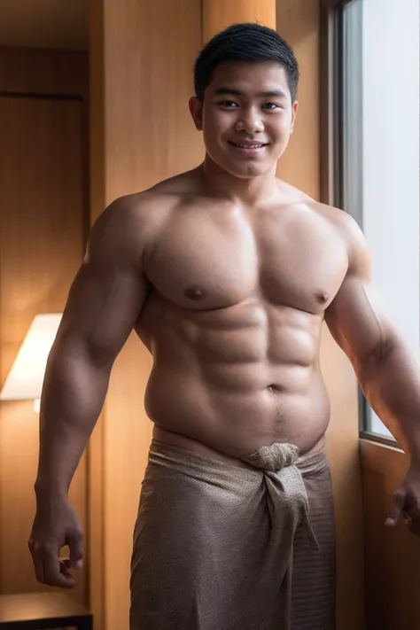 1boy, (Black Eyes), happy smile,Thai boy,18 years old,man hot nerd,young, very fat body, slender, fat body build, child-like,White Teenage boy,Close-up photo,full body photo ,RAW photo,male, shirtless, white background, amm mc outfit, very attractive, blur...