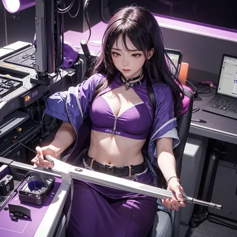 Imagine the MBTI Commander、Create a single woman in purple who works hard.。