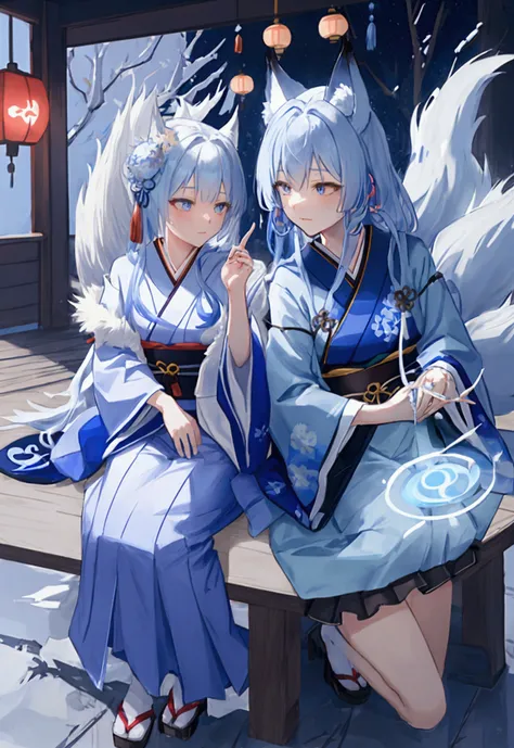 fox Light blue hair 　beast girl　indigo fur　fox beast girl　fox Light blue hair 　beast girl　indigo fur　fox beast girl　Wallpaper 4k,8k,highly detailled,,vivid colors,detailed kitsune with 9 tails,traditional Japanese artwork,tatami floor,beautiful cherry blos...