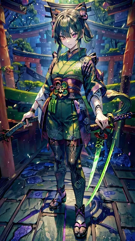 ((Personification of Yamata no Orochi))) (Beauty)、snake print tights、(((Japanese style goth loli))) (Dark green hair),((He has a sword in his right hand))Cool pose