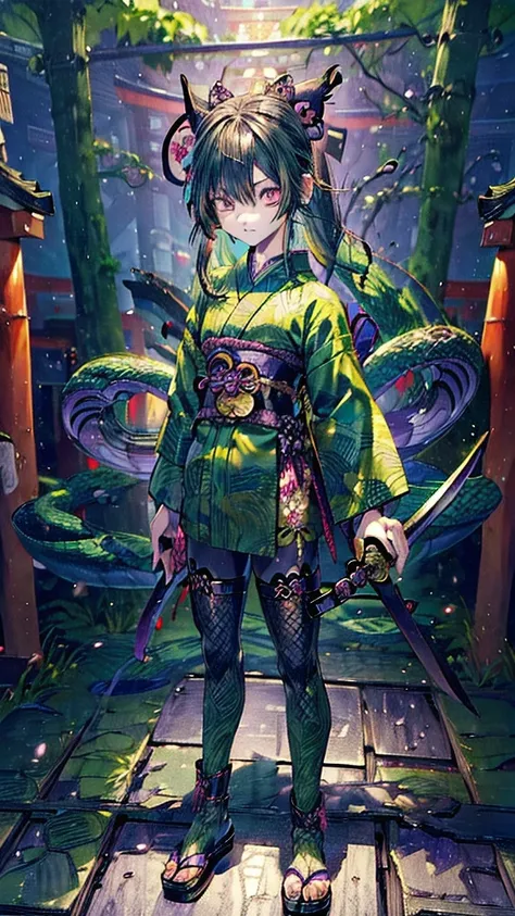 ((Personification of Yamata no Orochi))) (Beauty)、snake print tights、(((Japanese style goth loli))) (Dark green hair),((He has a sword in his right hand))Cool pose