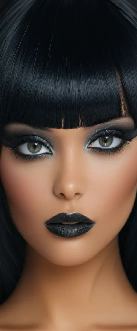 1 aubade girl, magnificent, black har, blunt bangs, yeux gris argenté brillants, black eyeliner, chrome lips, sensual lips sligh...