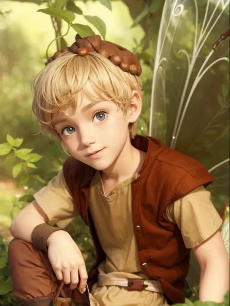 A fairy boy, with brown clothes, short blonde hair, with transparent handle, with a chestnut hat on his head 