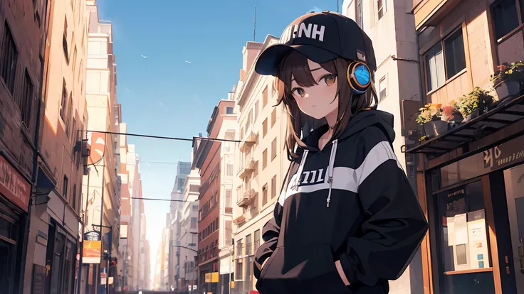 masterpiece,One girl,alone,Long Hair,Brown Hair,hoodie,Off the shoulder:1.2, Mob Cap, street,Hands on hips, Put your hands in your pockets,(Headphones)