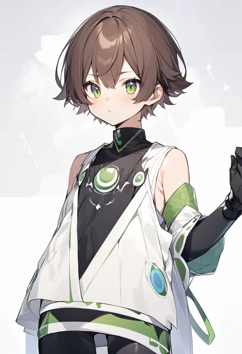 （One girl）、((short hair))、right brown hair、((boyish))、((Dairy-free))、(Healer)、Black Vest、black leggings、White sleeveless、black gloves、say、green eye、arm behind back、White Background、