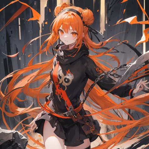 Long Hair、Orange Eyes、Dark orange hair、Small breasts、Hair in a bun and down、Black hoodie、female、Inside the dungeon、laughing、Common Iron Sword、alone