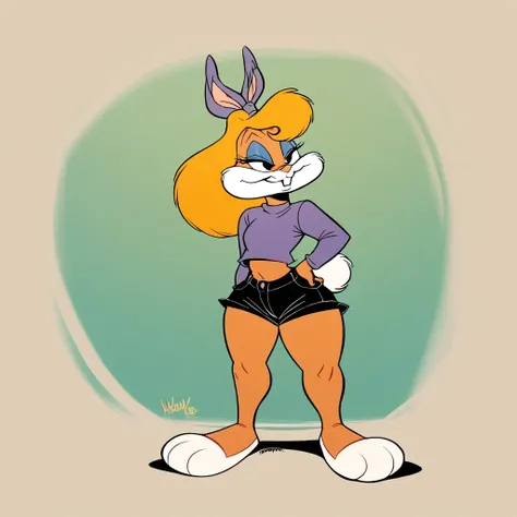 Babs bunny, in the cyberworld, at the cyberbeach, wearing black shorts, daffy duck in the scene, has thick thighs, curved smiling, chuck jones style, 80s hybrid eary cgi technology,