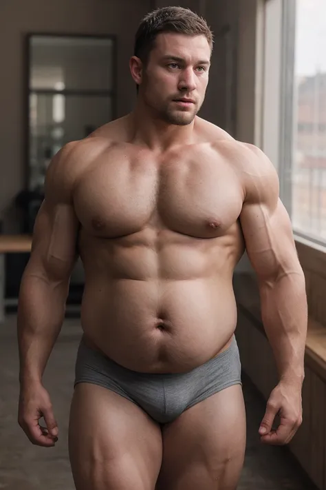 Bodybuilder, offseason, big belly, swollen belly, high detail, best quality, 8k, photorealistic, dynamic lighting, cinematic, subtle textures, stunning realism