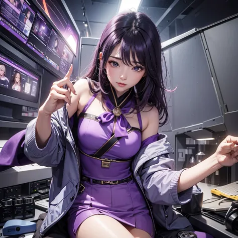 Imagine the MBTI Commander、Create a single woman in purple who works hard.。