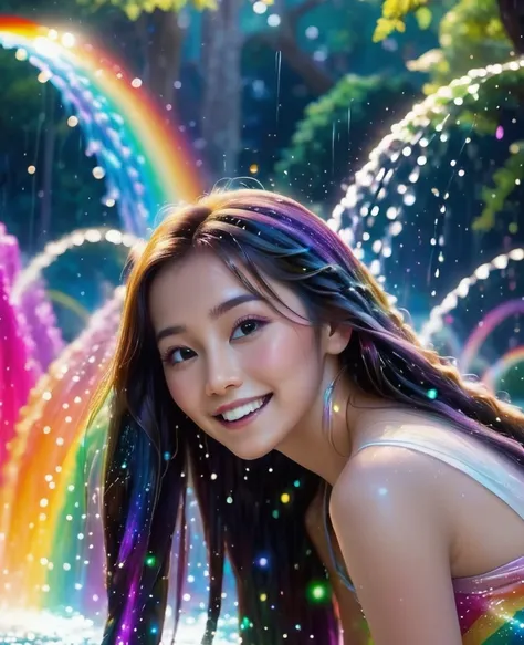 Dancing water columns of a fountain、A rainbow of sparkling light shines from the bottom of the water.,Beautiful rainbow-colored lights and various combinations of water columns,starry skies:1.5,Water droplets are rainbow,Colorful spotlight effects,Create u...