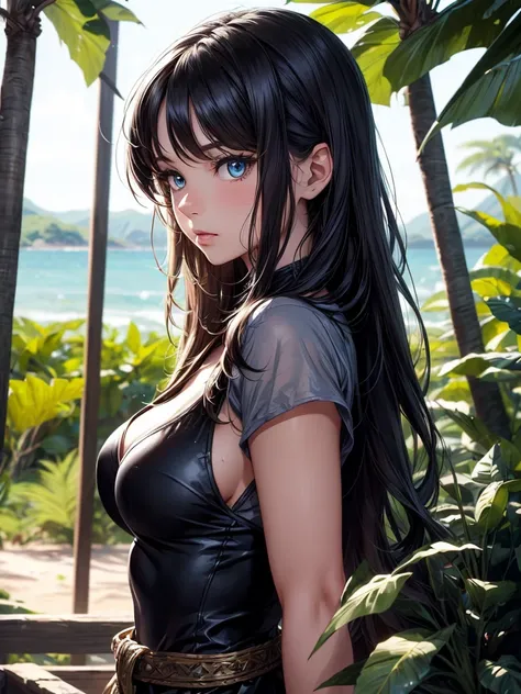 (1girl) stunning detailed candid full body portrait of a cute Turkish girl, amidst the muggy coastal jungle of a tropical paradise she explores in wonder, (she wears the robust garb of a medieval-fantasy rogue adventurer), her flowing hair is slightly damp...