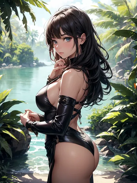 (1girl) stunning detailed candid full body portrait of a cute Turkish girl, amidst the muggy coastal jungle of a tropical paradise she explores in wonder, (she wears the robust garb of a medieval-fantasy rogue adventurer), her flowing hair is slightly damp...