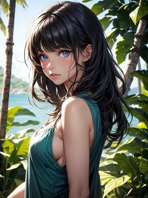 (1girl) stunning detailed candid full body portrait of a cute Turkish girl, amidst the muggy coastal jungle of a tropical paradise she explores in wonder, (she wears the robust garb of a medieval-fantasy rogue adventurer), her flowing hair is slightly damp...