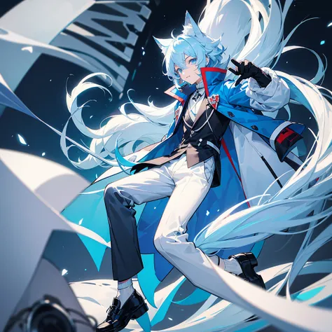 Light blue haired boy,spongy fur,blue eye and a white eye,long fluffy cat tail of white color, White skin,red and blue jacket, black pantaloon,black shoes,light blue cat ears 