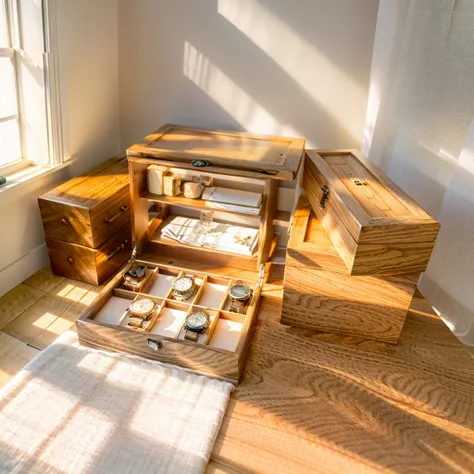 in this cozy room，a ray of sunlight shone through the half-drawn curtains on the table，let the wood grain on the watch storage b...