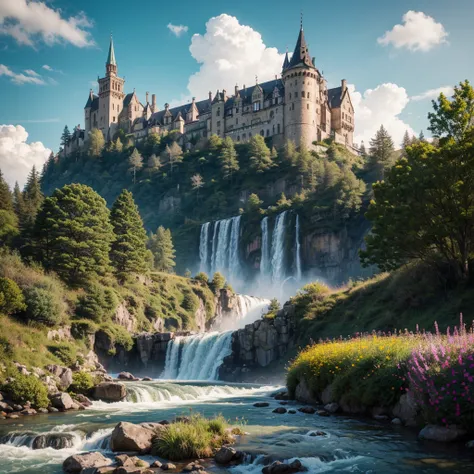 masterpiece, best quality, high quality, Extremely detailed CG unit 8k wallpaper, landscape, outdoor, sky空, cloud, sky, Great medieval castle, No humans, Mountain, landscape, water, Tree, blue sky空, waterfall, cliff, nature, lake, river, village, 秋sky, clo...