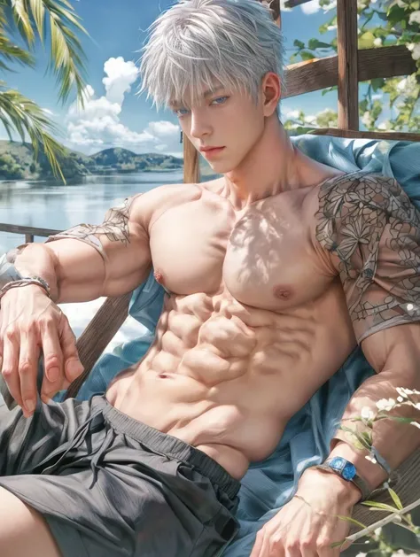 1boy, adult, handsome, perfect face, detailed eyes and face, clean shaved, muscular, capturing a rural atmosphere, dynamic lighting, unreal engine 5, hd picture, satoru gojo, white hair, short hair ,hair between eyes ,blue eyes, white skin, pink nipple, mi...