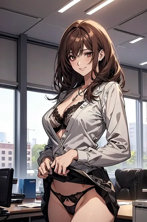 (Highest quality, High resolution, Very detailed), 銀hair, 超短いhair, hair, Reddish brown eyes, office staff suit skirt, lace thong bra, Large Breasts, Perfect Makeup, necklace, secretary, 24th generation, Beautiful woman, mature, quiet, Calm, A small smile, ...