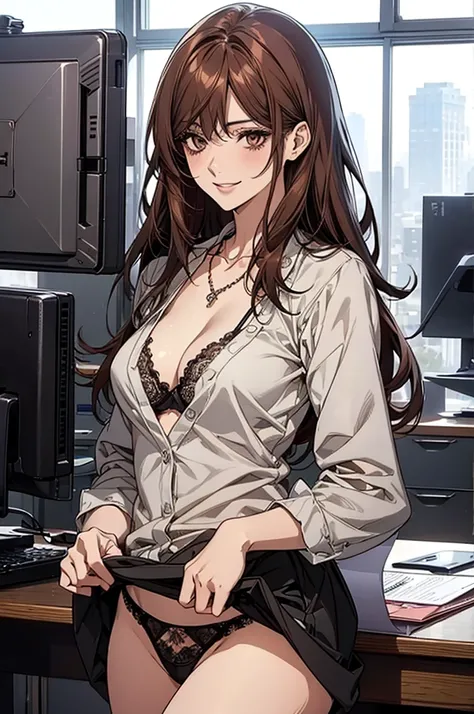 (Highest quality, High resolution, Very detailed), 銀hair, 超短いhair, hair, Reddish brown eyes, office staff suit skirt, lace thong bra, Large Breasts, Perfect Makeup, necklace, secretary, 24th generation, Beautiful woman, mature, quiet, Calm, A small smile, ...