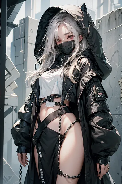 1mysterious girl, Wearing a hood、Wearing a black mask that covers your mount, wearing the clothes of a Dark priestest, Her long white hair is loose、Her body was bound by divine chains.