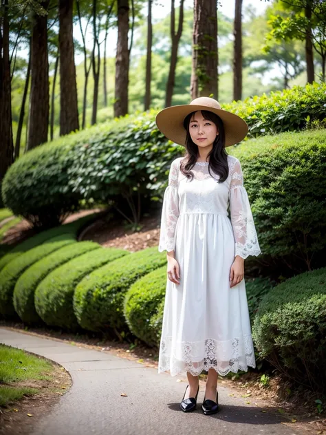 Neat and tidy lady, 25 years old, great style, long hair, dress, big hat, forest
,