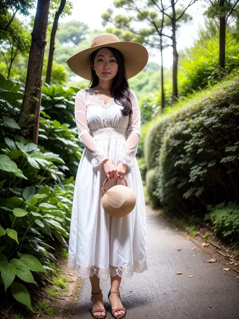 Neat and tidy lady, 25 years old, great style, long hair, dress, big hat, forest
,